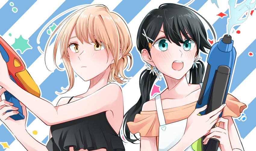 15kasikaze15 2girls bangs black_hair blonde_hair blue_eyes commentary_request diagonal_stripes flower hair_flower hair_ornament hair_tie hairpin highres holding holding_water_gun honda_sora lonely_girl_ni_sakaraenai long_hair medium_hair multiple_girls off_shoulder official_art open_mouth orange_eyes sakurai_ayaka_(lonely_girl_ni_sakaraenai) sleeveless striped teeth twintails upper_teeth_only water water_gun