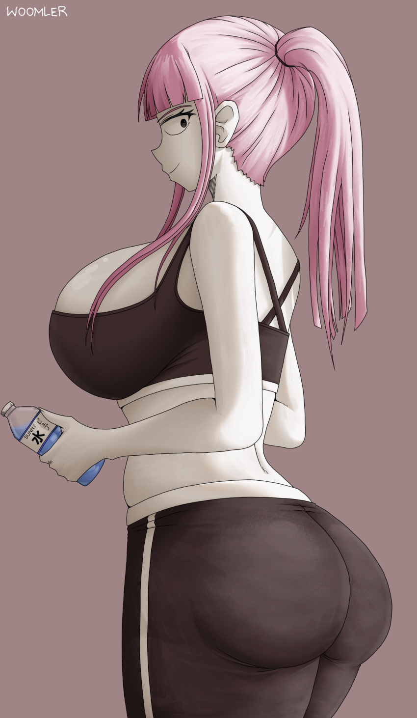 1girl ass ass_focus black_eyes blossom_hope bottle breasts colored_skin highres hime_cut huge_ass huge_breasts kawakami_sakura large_breasts looking_at_viewer looking_back pale_skin pants pink_hair ponytail self_upload solo sports_bra thick_thighs thighs water_bottle white_skin woomler yoga_pants