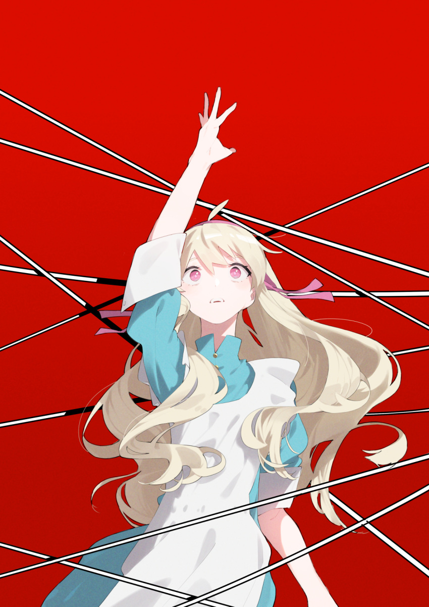 1girl ahoge aoi_(altea0923) apron arm_up bangs blonde_hair blue_dress commentary dress facing_viewer hair_between_eyes highres kagerou_project kozakura_marry long_hair looking_up open_mouth pink_eyes puffy_short_sleeves puffy_sleeves red_background short_sleeves simple_background solo teeth upper_body upper_teeth_only wavy_hair white_apron