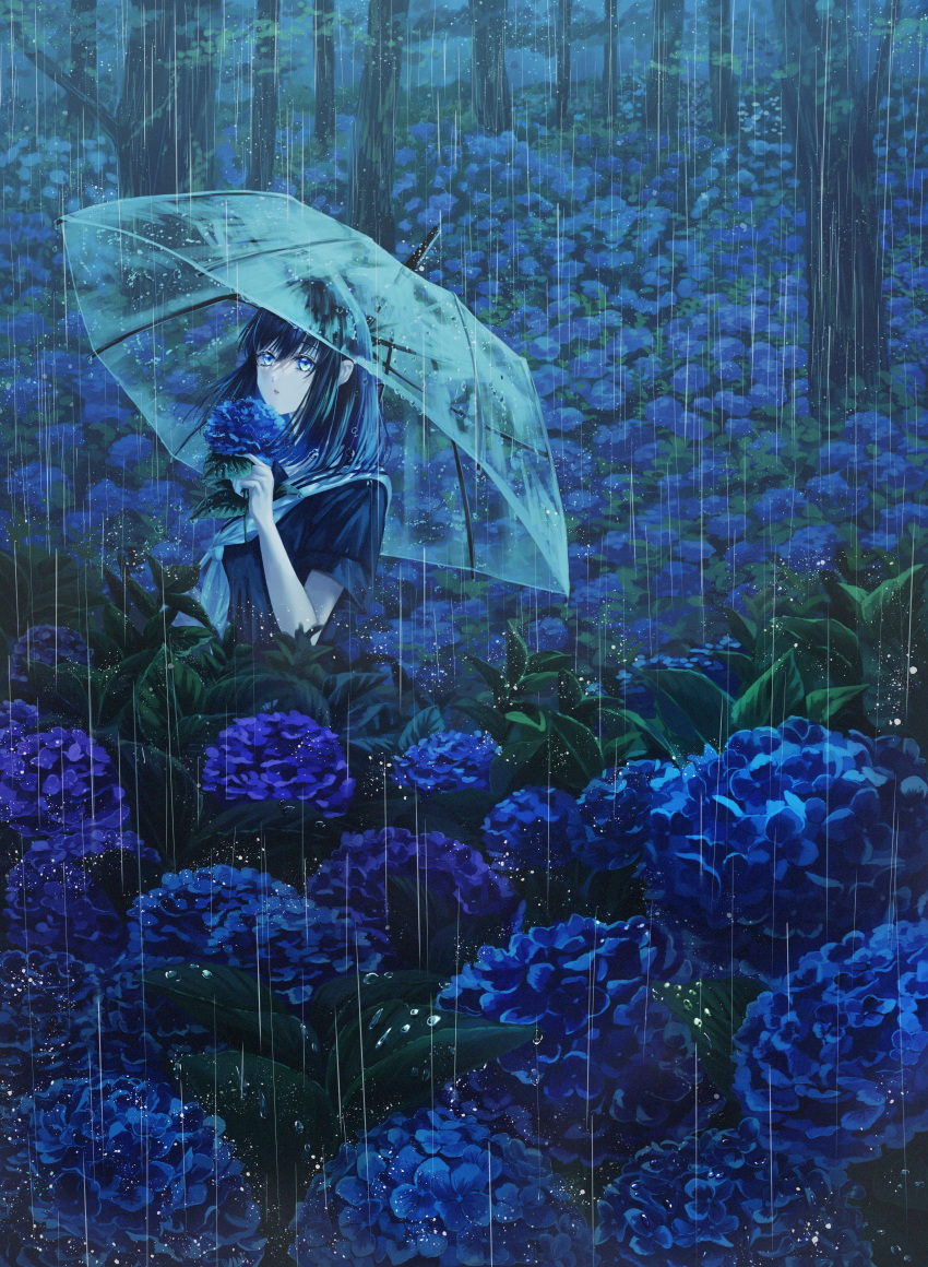 1girl absurdres bangs black_hair blue_flower blue_hair blue_theme commentary expressionless flower forest hair_between_eyes hakka_(mint) highres holding holding_flower holding_umbrella hydrangea leaf long_hair looking_at_viewer multicolored_hair nature neckerchief original outdoors pale_skin plant rain sailor_collar scenery short_sleeves solo transparent transparent_umbrella tree two-tone_hair umbrella upper_body water white_neckerchief white_sailor_collar wide_shot