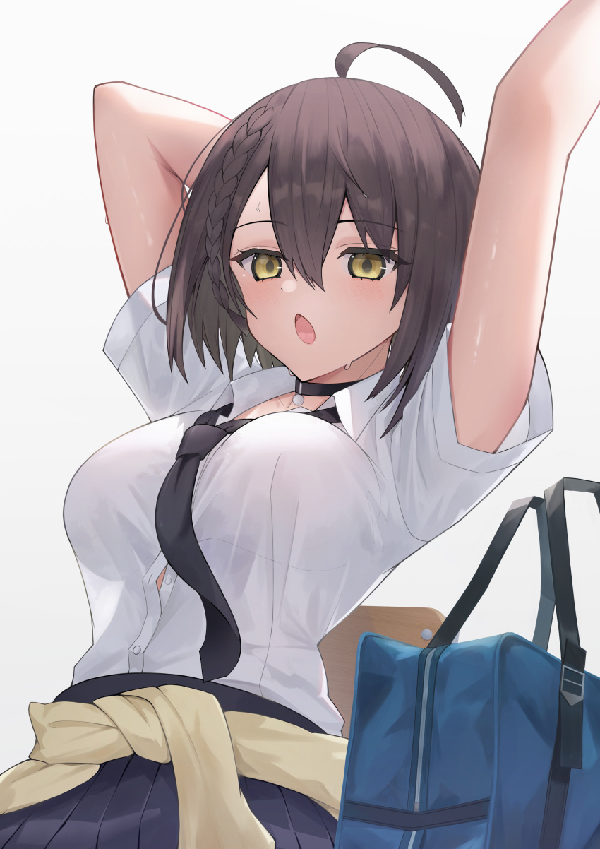 1girl absurdres arms_up azur_lane bag baltimore_(after-school_ace)_(azur_lane) baltimore_(azur_lane) black_choker black_necktie black_skirt breasts brown_hair choker clothes_around_waist collared_shirt cowboy_shot hair_between_eyes highres large_breasts loose_necktie necktie no_nipples official_alternate_costume partially_unbuttoned school_bag see-through see-through_shirt see-through_silhouette shian-chu shirt short_sleeves simple_background skirt solo sweater sweater_around_waist tied_sweater uniform white_background white_shirt yellow_eyes