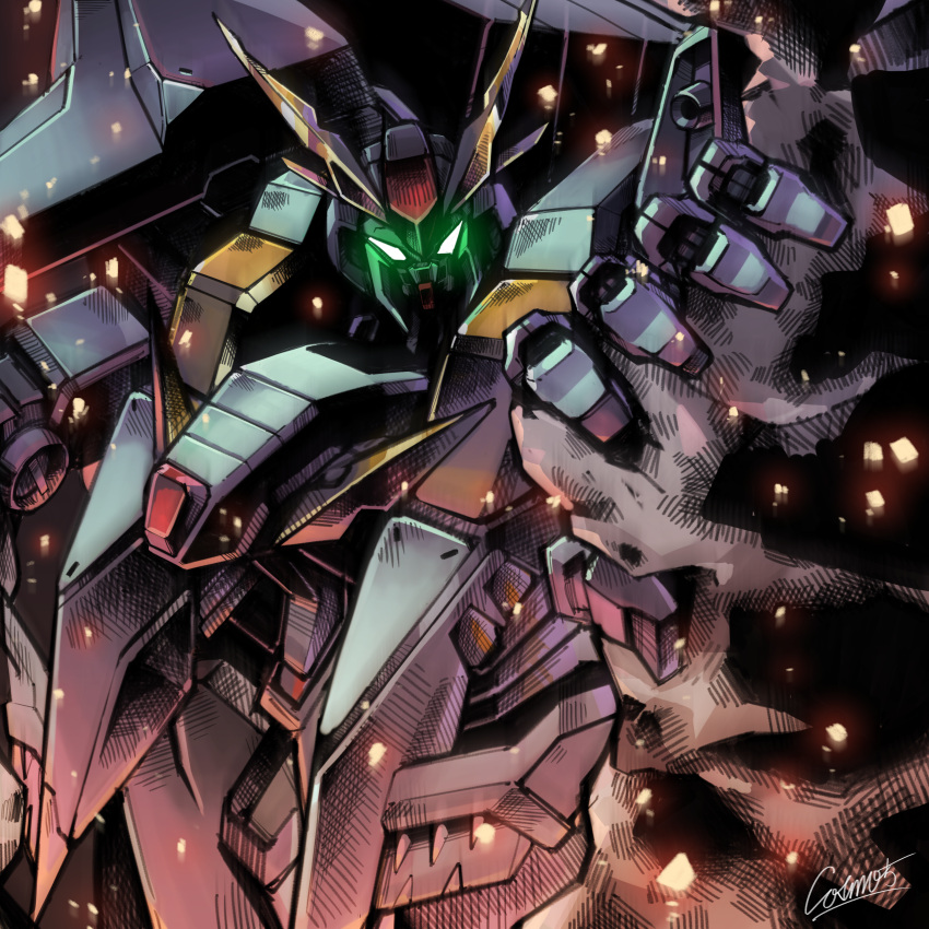 absurdres commentary cosmo-5 embers glowing glowing_eyes green_eyes gundam gundam_hathaway's_flash highres looking_at_viewer mecha mobile_suit no_humans robot science_fiction shadow signature solo upper_body v-fin xi_gundam