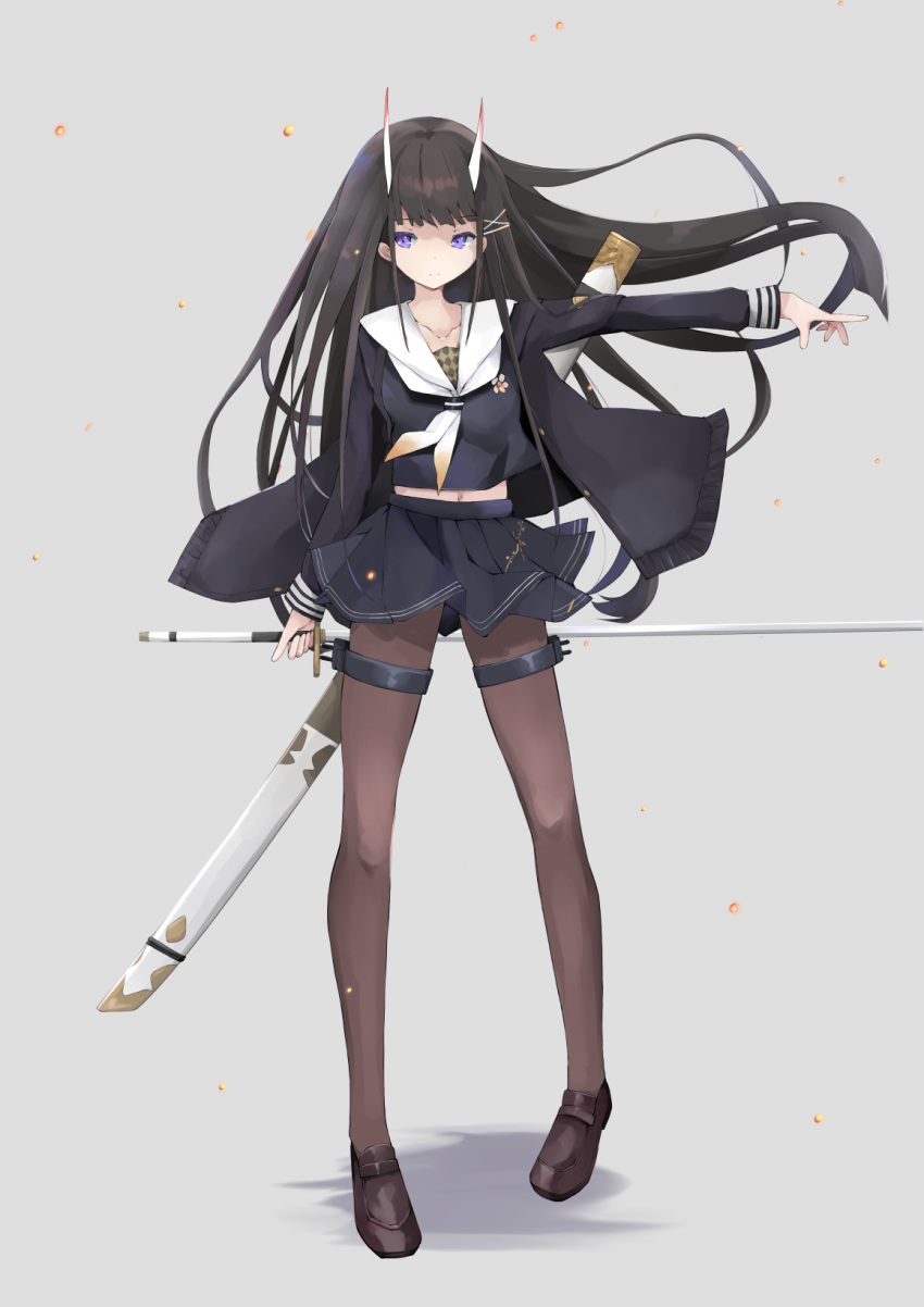 1girl arm_behind_back azur_lane black_hair black_jacket black_serafuku black_skirt blazer breasts commentary_request crop_top expressionless floating_hair flower frown full_body hair_ornament hairclip highres holding holding_sword holding_weapon horns jacket katana legs_apart long_hair looking_at_viewer medium_breasts midriff midriff_peek miniskirt navel neckerchief noshiro_(azur_lane) oni_horns open_clothes open_jacket outstretched_arm pantyhose pleated_skirt pointing pointing_to_the_side purple_eyes sailor_collar school_uniform serafuku sheath shirato_kuroto simple_background skirt solo standing sword sword_behind_back thigh_strap very_long_hair weapon white_flower white_sailor_collar x_hair_ornament