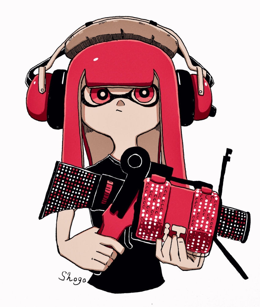 .52_gal_(splatoon) 1girl :/ artist_name bangs black_shirt blunt_bangs bright_pupils closed_mouth commentary cropped_torso headphones highres hime_cut holding inkling inkling_girl long_hair red_eyes red_hair shirt shogo_(shogo70449442) sidelocks signature simple_background solo splatoon_(series) straight-on tentacle_hair tentacles trigger_discipline two-handed upper_body white_background white_pupils