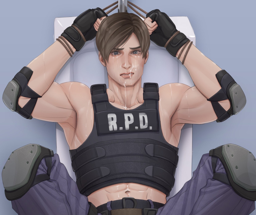 1boy abs armpit blue_eyes blush cum gloves leon_s_kennedy looking_at_viewer male_focus resident_evil restrained rope sitting solo sweat tears