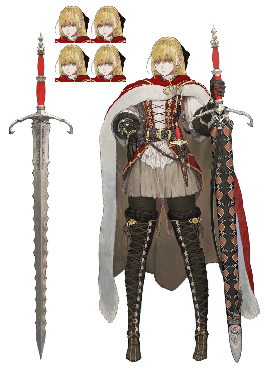 1girl armor blonde_hair cape dagger expressions flamberge highres jun_(seojh1029) knight long_hair original pantyhose red_hair sheath sword thighhighs weapon yellow_eyes