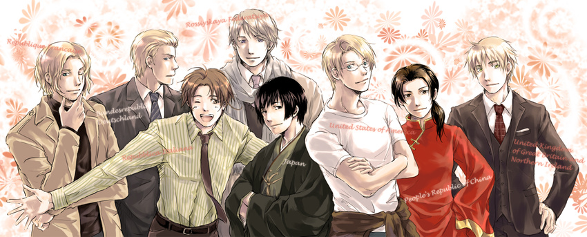 allied_forces america america_(hetalia) axis_powers axis_powers_hetalia black_hair blonde_hair brown_hair china_(hetalia) france_(hetalia) germany_(hetalia) glasses highres japan_(hetalia) looking_at_viewer male male_focus multiple_boys necktie northern_italy_(hetalia) russia_(hetalia) smile united_kingdom_(hetalia)