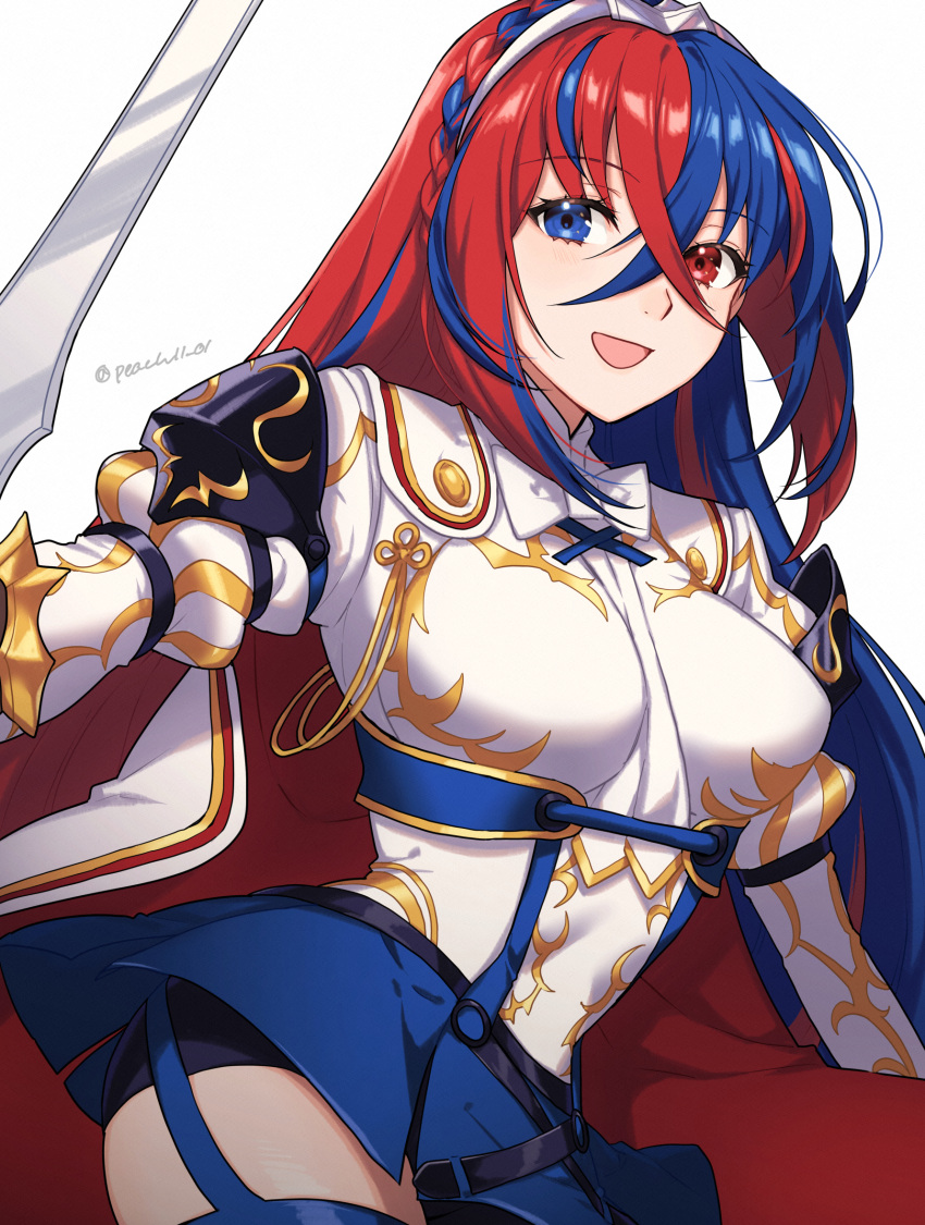 1girl alear_(female)_(fire_emblem) alear_(fire_emblem) bangs blue_eyes blue_hair bow bowtie braid breasts cape crossed_bangs crown_braid fire_emblem fire_emblem_engage garter_straps heterochromia highres holding holding_weapon liberation_(fire_emblem) long_hair looking_at_viewer medium_breasts multicolored_hair necktie open_mouth peach11_01 red_cape red_eyes red_hair signature skirt smile solo sword thighs tiara very_long_hair weapon white_bow
