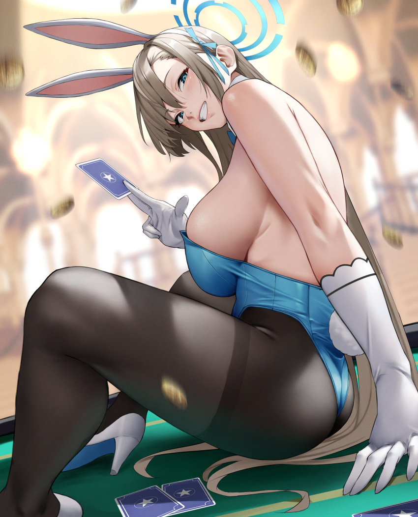 1girl absurdres animal_ears asuna_(blue_archive) asuna_(bunny)_(blue_archive) bare_shoulders black_pantyhose blue_archive blue_eyes blue_leotard breasts card clenched_teeth fake_animal_ears gloves halo highres holding holding_card large_breasts leotard long_hair looking_at_viewer official_alternate_costume pantyhose rabbit_ears sitting smile teeth thighs white_gloves yoshio_(55level)