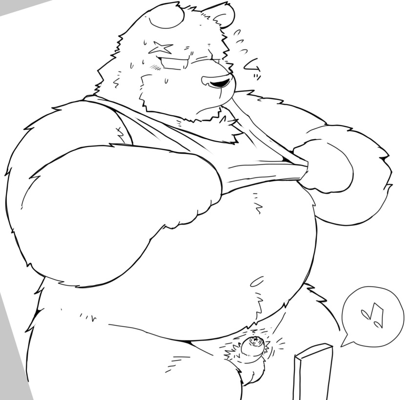 2023 anthro balls bear belly big_belly blush clothed clothing clothing_lift erection genitals hi_res kemono male mammal navel overweight overweight_male penis scar shirt shirt_lift small_penis solo suishou0602 topwear