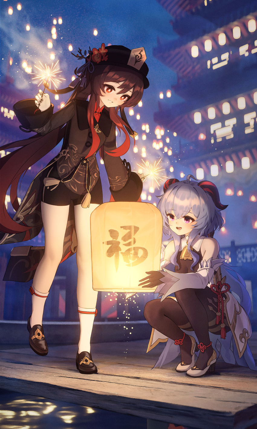 2girls :d absurdres ahoge architecture bangs bare_shoulders bell black_footwear black_gloves black_headwear black_shorts blue_hair brown_coat brown_hair chinese_new_year coat colored_tips commentary_request detached_sleeves east_asian_architecture fireworks flower flower-shaped_pupils full_body ganyu_(genshin_impact) genshin_impact gloves goat_horns gradient_hair grin hat hat_flower highres horns hu_tao_(genshin_impact) lantern long_hair long_sleeves looking_at_object multicolored_hair multiple_girls neck_bell night open_mouth outdoors paper_lantern plum_blossoms purple_eyes red_eyes red_hair shorts smile socks sparkler squatting starsd symbol-shaped_pupils tassel very_long_hair white_footwear white_sleeves white_socks