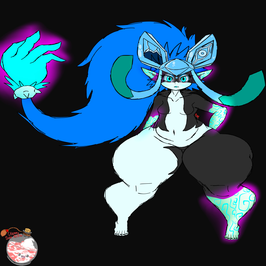 absurd_res anthro big_butt blue_eyes blush breasts butt cherrysodapotion colored_sclera curvy_figure eeveelution female fusion generation_4_pokemon glaceon hair_hand hi_res huge_hips huge_thighs humanoid imp looking_at_viewer midna nintendo nude pokemon pokemon_(species) simple_background solo the_legend_of_zelda thick_thighs twilight_princess wide_hips