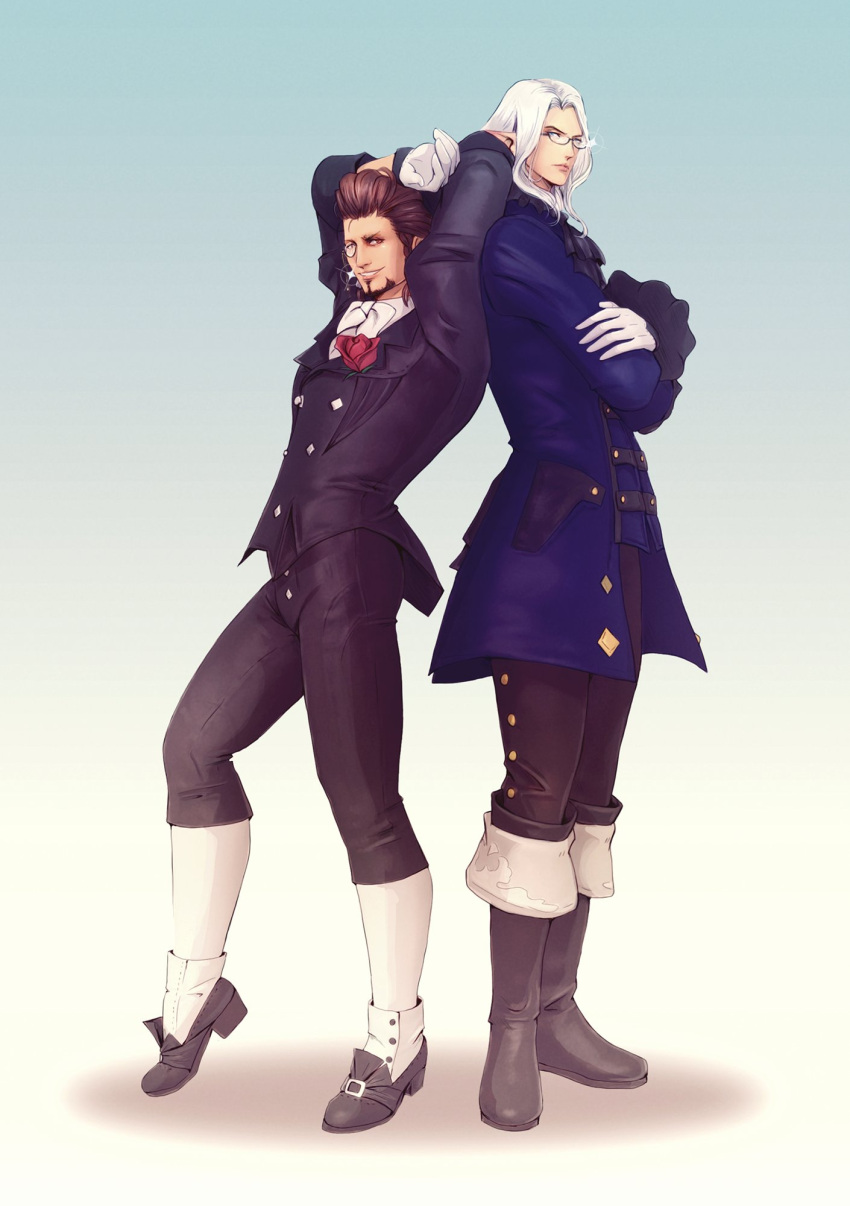 black_footwear black_pants black_suit blue_shirt boots briardien_de_manseauguel brown_hair elezen elf facial_hair final_fantasy final_fantasy_xiv flower formal glasses gloves highres hildibrand_manderville hyur monocle pants pointy_ears rose shirt suit thigh_boots thighhighs vervainvanity white_background white_gloves white_hair white_thighhighs