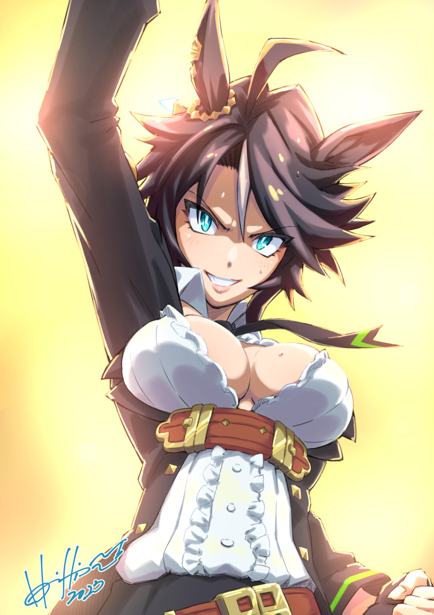 1girl ahoge animal_ears arm_up bangs belt black_gloves black_hair black_jacket black_necktie black_pants blue_eyes breasts brown_belt center_frills cleavage clenched_hand clenched_teeth collared_shirt commentary_request cowboy_shot ear_ornament ear_piercing frilled_shirt frills fuji_kiseki_(umamusume) gloves gold_trim hair_between_eyes highres hori_shin horse_ears horse_girl jacket large_breasts long_sleeves looking_at_viewer multicolored_hair necktie pants piercing shirt short_hair signature solo standing sweat teeth umamusume underbust white_hair white_shirt