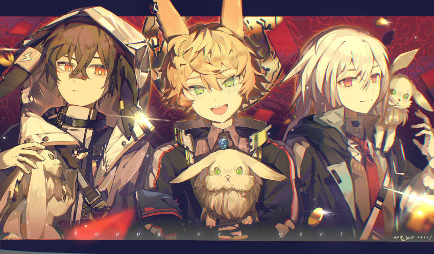 3boys :/ :d absurdres animal animal_ears animal_on_shoulder ansel_(arknights) arknights ayerscarpe_(arknights) black_jacket blonde_hair blush bright_pupils brown_hair brown_shirt brown_vest chinese_commentary closed_mouth commentary dated ear_piercing floppy_ears green_eyes hair_between_eyes happy_new_year highres holding holding_animal hood hood_up infection_monitor_(arknights) jacket leonhardt_(arknights) looking_at_viewer male_focus multiple_boys necktie niqiusama open_mouth orange_eyes piercing pink_eyes pink_hair rabbit rabbit_boy red_necktie shirt short_hair signature smile teeth upper_teeth_only vest white_jacket white_pupils white_shirt