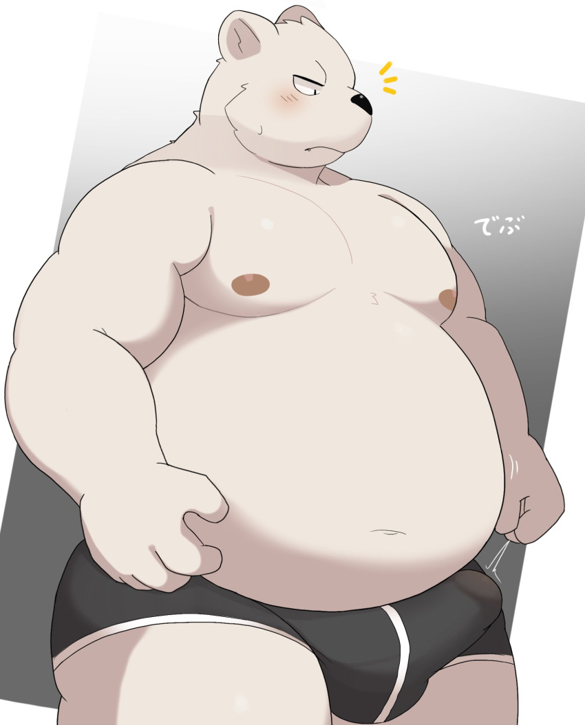 2023 ai_only_dream anthro bear belly big_belly black_nose blush bulge clothed clothing erection erection_under_clothing genital_outline hi_res humanoid_hands kemono male mammal moobs nipples overweight overweight_male penis_outline polar_bear solo underwear ursine