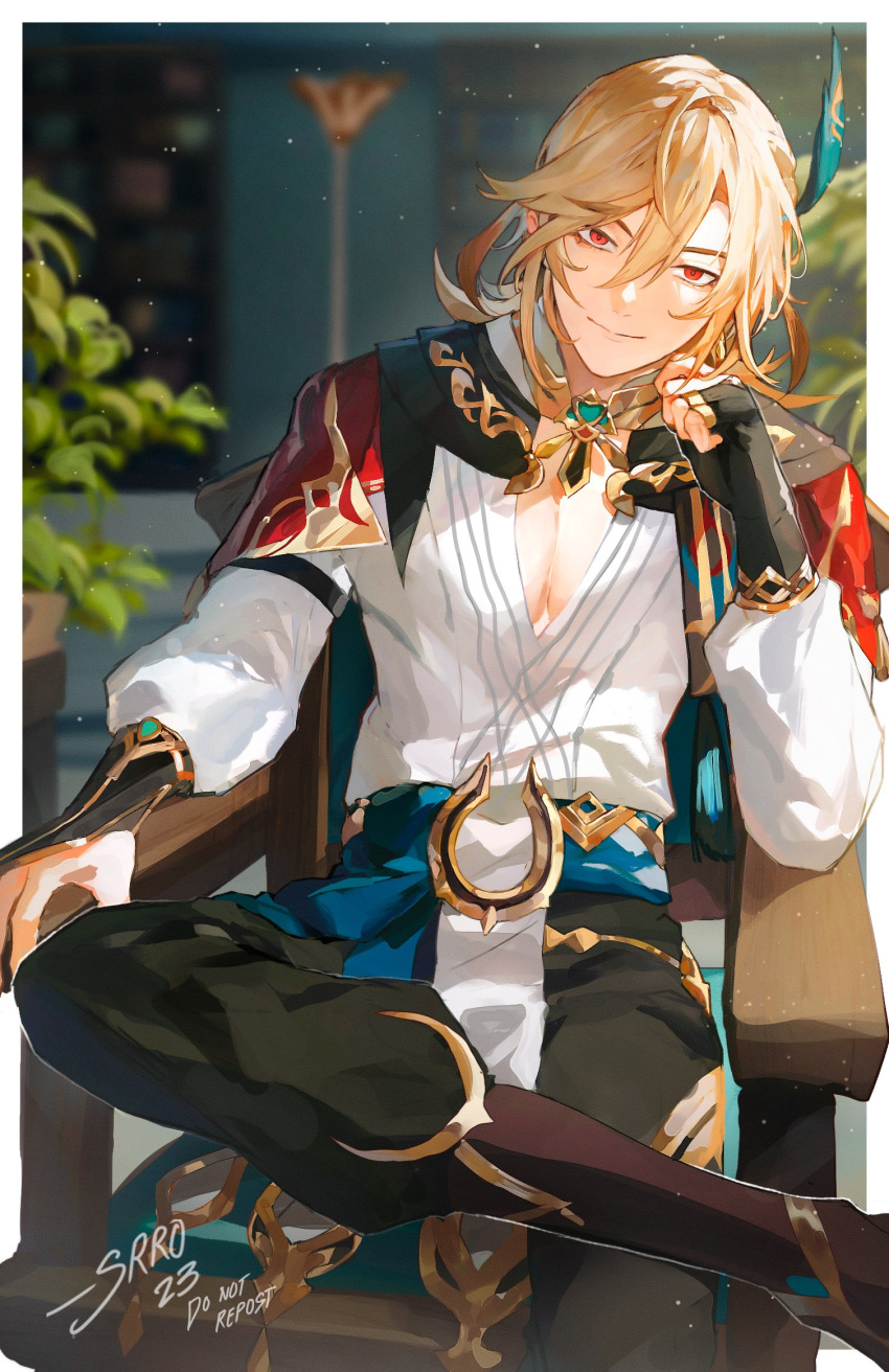 1boy bangs blonde_hair closed_mouth earrings feather_hair_ornament feathers genshin_impact gold hair_between_eyes hair_ornament hand_on_own_face hands_up highres jewelry kaveh_(genshin_impact) looking_at_viewer male_focus red_eyes short_hair sitting smile solo srro_yo