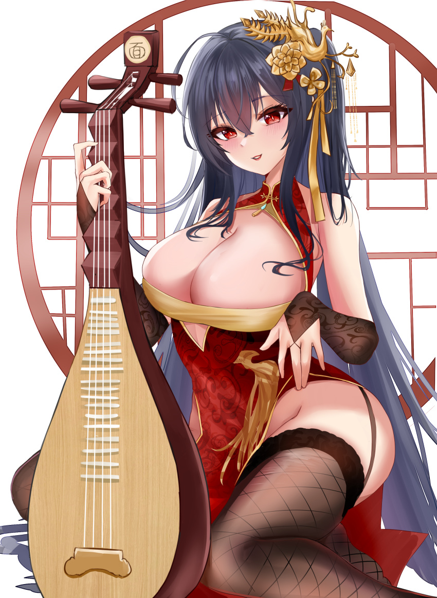 1girl absurdres ahoge azur_lane bangs black_hair breasts bridal_gauntlets china_dress chinese_clothes cleavage cleavage_cutout clothing_cutout crossed_bangs dress hair_ornament highres large_breasts long_hair no_panties official_alternate_costume pipa_(instrument) red_dress red_eyes side_ponytail taihou_(azur_lane) taihou_(phoenix's_spring_song)_(azur_lane) user_hxhk7342