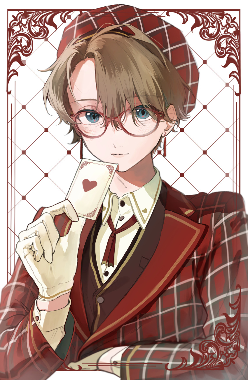 1boy absurdres ace_of_hearts bangs blonde_hair blue_eyes card closed_mouth collared_shirt commentary earrings framed glasses gloves hand_up heart highres holding holding_card jacket jewelry light_blush long_sleeves looking_at_viewer male_focus neck_ribbon original parted_bangs plaid plaid_headwear plaid_jacket playing_card red-framed_eyewear red_headwear red_jacket red_ribbon ribbon shirt short_hair smile solo undershirt upper_body white_gloves white_shirt white_xxxx