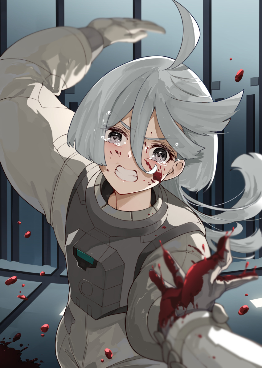 2girls absurdres ahoge angry bangs blood blood_on_face blood_on_hands clenched_teeth commentary_request crying crying_with_eyes_open grey_eyes gundam gundam_suisei_no_majo highres holding_another's_wrist long_hair miorine_rembran multiple_girls pov puni_(punycolors) slapping spacesuit suletta_mercury tears teeth upper_body white_hair