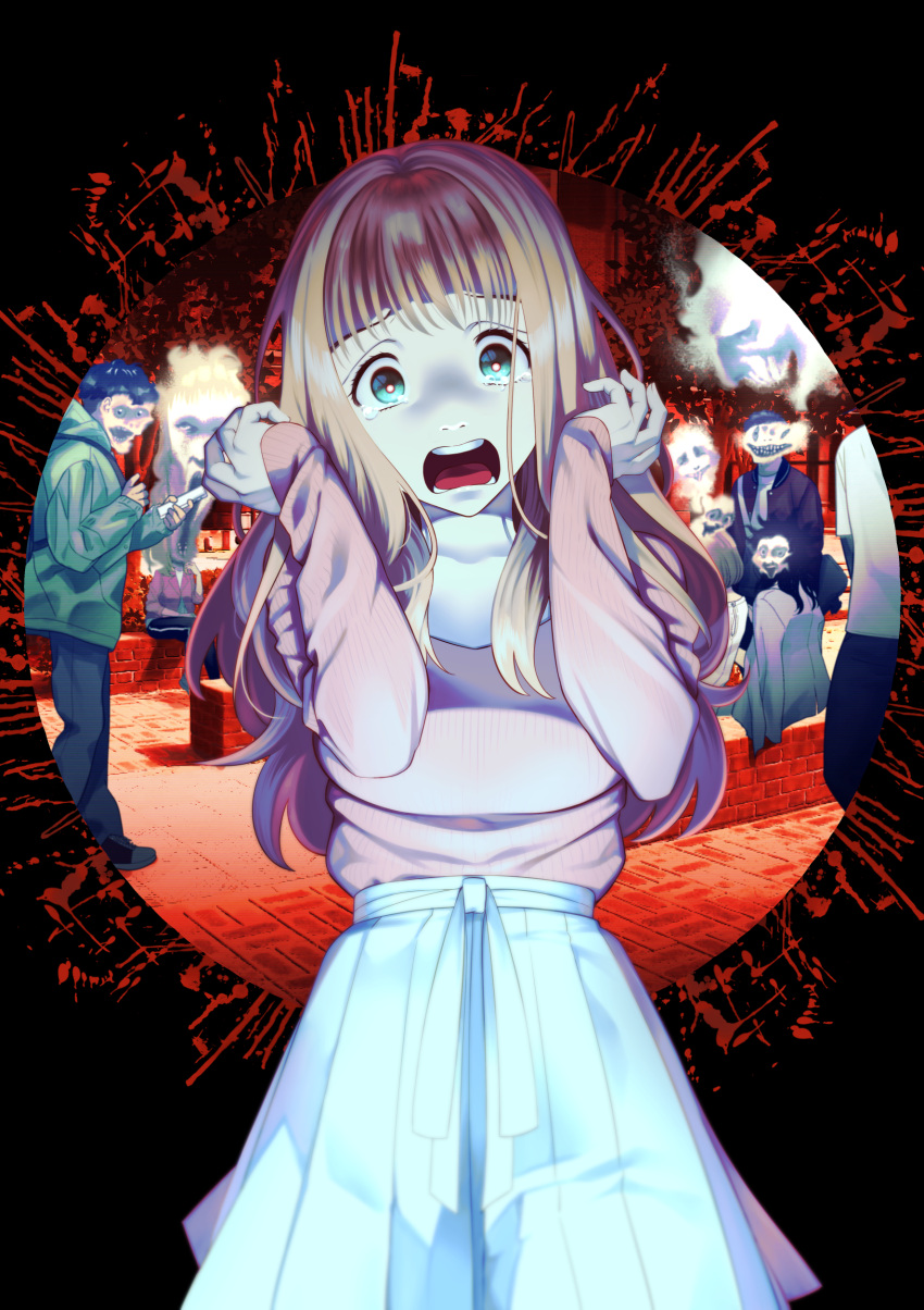 1girl absurdres breasts chiarashi_mahina d: ghost green_eyes grey_skirt hands_up head_tilt highres horror_(theme) long_sleeves looking_at_viewer medium_breasts nagashii_kouhei open_mouth pink_sweater pleated_skirt red_pupils scared scary_campus_college_university skirt solo_focus sweater wide-eyed