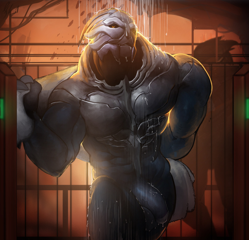 alien amber_eyes bathing genitals hi_res humanoid male mass_effect muscular muscular_male nude penis shower showering solo turian water zomacaius