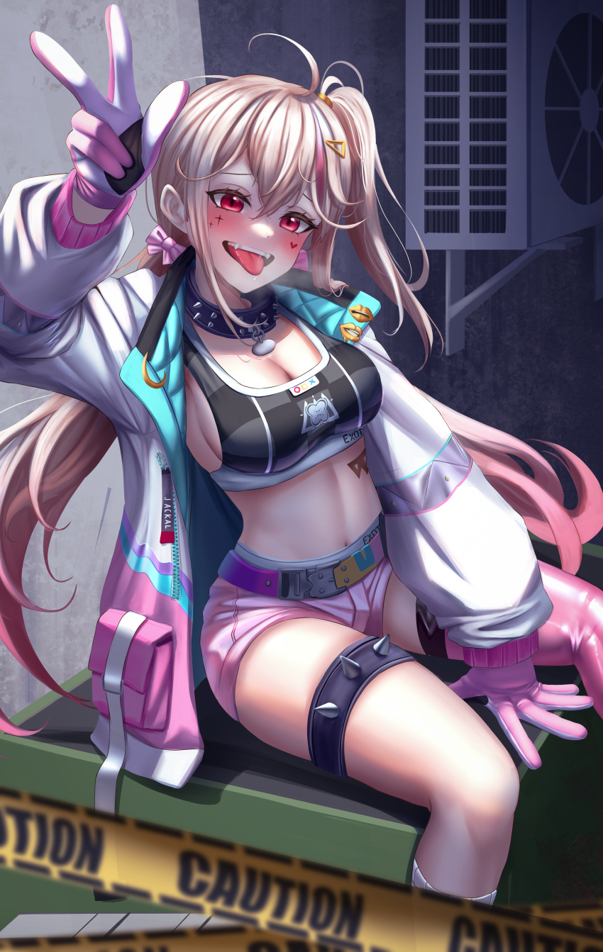 1girl absurdres arm_up black_tank_top blonde_hair blush breasts caution_tape character_name cleavage clothes_writing coat collar commentary crop_top facial_mark gloves goddess_of_victory:_nikke gradient_hair hair_ornament hairclip heart heavy_breathing highres jackal_(nikke) long_hair long_sleeves low_twintails manjo_(warito) multicolored_belt multicolored_hair one_side_up open_clothes open_coat open_mouth pink_eyes pink_gloves pink_hair pink_shorts short_shorts shorts sideboob single_thighhigh sitting smile solo spiked_collar spiked_legwear spikes tank_top thighhighs thighs tongue tongue_out twintails very_long_hair w white_gloves zipper zipper_pull_tab