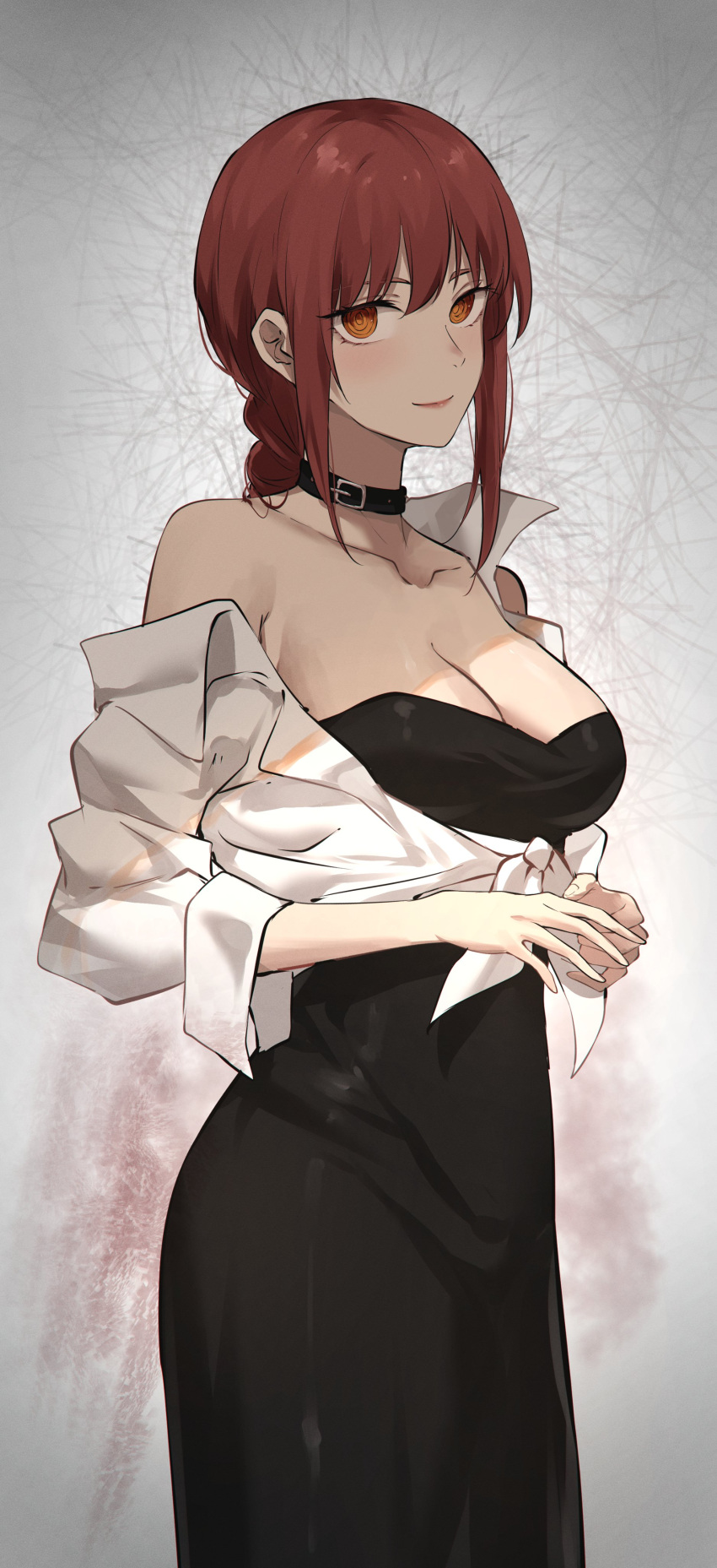1girl absurdres black_choker black_dress braid braided_ponytail breasts chainsaw_man choker cleavage collarbone dress feint721 highres leather_choker looking_at_viewer makima_(chainsaw_man) medium_breasts own_hands_together ponytail red_eyes ringed_eyes shirt sidelocks smile solo taut_clothes taut_dress white_shirt