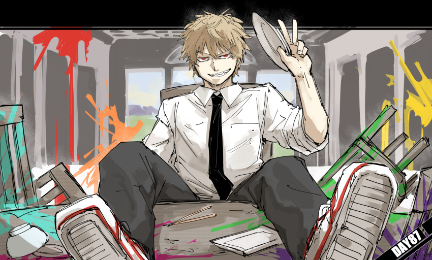 1boy black_necktie black_pants blonde_hair chainsaw_man collared_shirt denji_(chainsaw_man) feet_on_table grin highres kankan33333 looking_at_viewer male_focus necktie paint_splatter pants red_eyes sharp_teeth shirt shoes short_hair smile solo teeth the_last_supper w white_shirt wing_collar