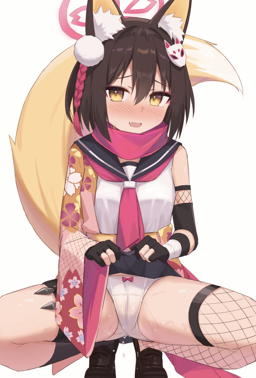 1girl absurdres animal_ear_fluff animal_ears black_hair blue_archive blush bow bow_panties cameltoe clothes_lift commentary_request fingerless_gloves fishnet_thighhighs fishnets floral_print fox_ears fox_mask fox_tail gloves hair_between_eyes hair_ornament highres izuna_(blue_archive) kunai lifted_by_self looking_at_viewer mask ninja nose_blush open_mouth panties pink_scarf sailor_collar scarf shasha_(shasha159357) skirt skirt_lift smile solo sweat tail thighhighs thighs underwear weapon white_panties yellow_eyes