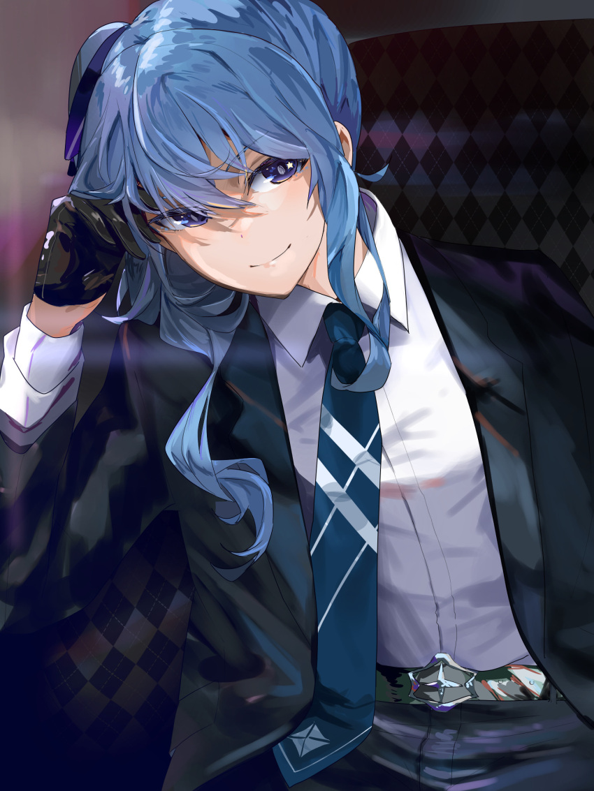 1girl bangs belt black_gloves black_jacket black_pants black_suit blue_eyes blue_hair blue_necktie closed_mouth collared_shirt commentary_request dress_shirt formal funi_mu9 gloves highres hololive hoshimachi_suisei jacket long_sleeves looking_at_viewer medium_hair necktie open_clothes open_jacket pant_suit pants shirt side_ponytail smile solo star_(symbol) star_in_eye suit symbol_in_eye virtual_youtuber white_shirt wing_collar