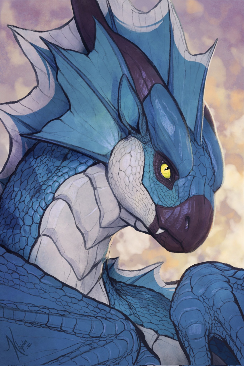 2022 ambiguous_gender beak black_beak black_horn blue_body blue_frill blue_scales dated dragon ear_frill fangs feral frill_(anatomy) glistening glistening_eyes green_sclera head_crest head_frill hi_res horn khyaber looking_at_viewer mouth_closed pupils scales scalie signature simple_background slit_pupils solo teeth white_body white_frill white_scales yellow_eyes