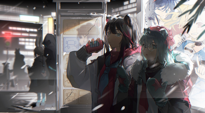 1other 3girls :/ absurdres ambiguous_gender amiya_(arknights) animal_ears aqua_hair aqua_mittens arknights bear_ears black_coat black_jacket blaze_(arknights) blue_eyes blue_neckerchief brown_hair building bus_stop can casual city closed_mouth coat doctor_(arknights) fur-trimmed_hood fur_trim glasses hair_between_eyes hat highres holding holding_can hood hood_down hood_up hooded_coat istina_(arknights) jacket long_sleeves looking_at_viewer multicolored_hair multiple_girls neckerchief niqiusama open_clothes open_jacket people rabbit_ears red_hair red_headwear red_shirt reflection road round_eyewear shirt sora_(arknights) streaked_hair traffic_light white_jacket zima_(arknights)