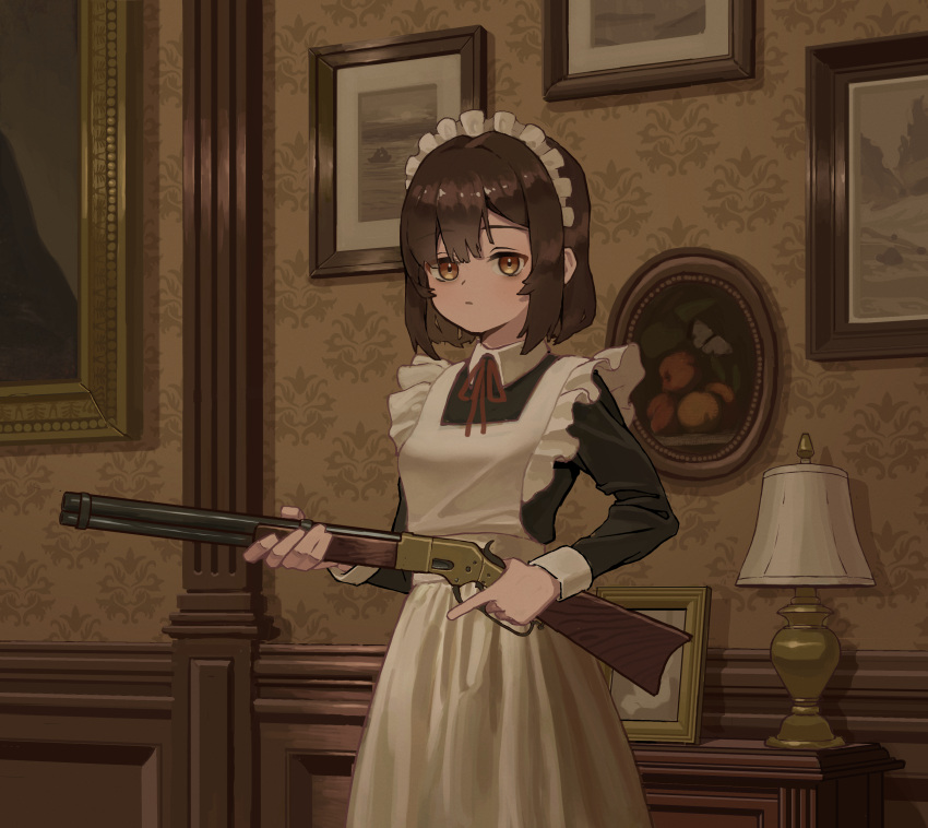 1girl absurdres apron bangs black_dress blunt_bangs blunt_ends brown_eyes brown_hair chest_of_drawers closed_mouth collared_dress commentary dress frilled_apron frills gun highres holding holding_gun holding_weapon indoors lamp lampshade lever_action long_bangs long_sleeves looking_at_viewer maid maid_apron maid_headdress neck_ribbon original oukayu painting_(object) picture_frame red_ribbon ribbon rifle serious short_hair sleeve_cuffs solo trigger_discipline upper_body wallpaper_(object) weapon white_apron yellow_eyes