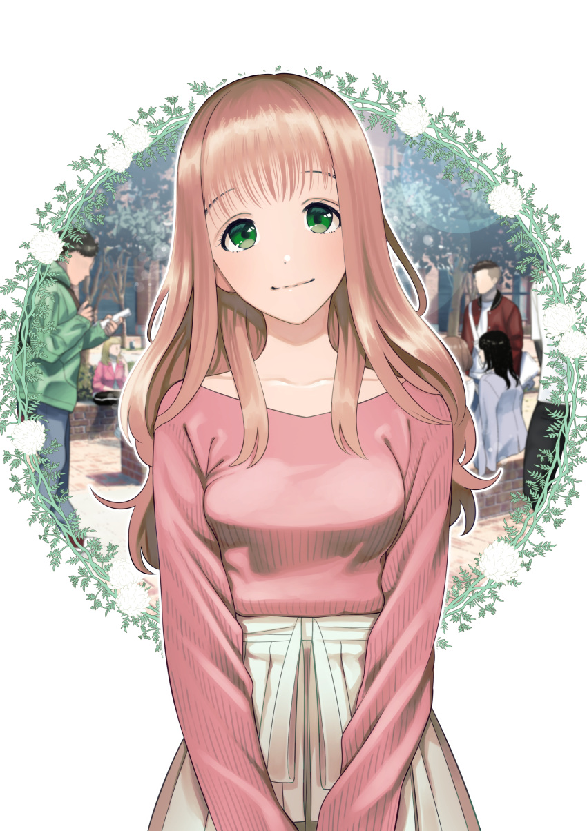 1girl absurdres breasts chiarashi_mahina closed_mouth green_eyes grey_skirt head_tilt highres long_sleeves looking_at_viewer medium_breasts nagashii_kouhei pink_sweater pleated_skirt scary_campus_college_university skirt smile solo_focus sweater v_arms