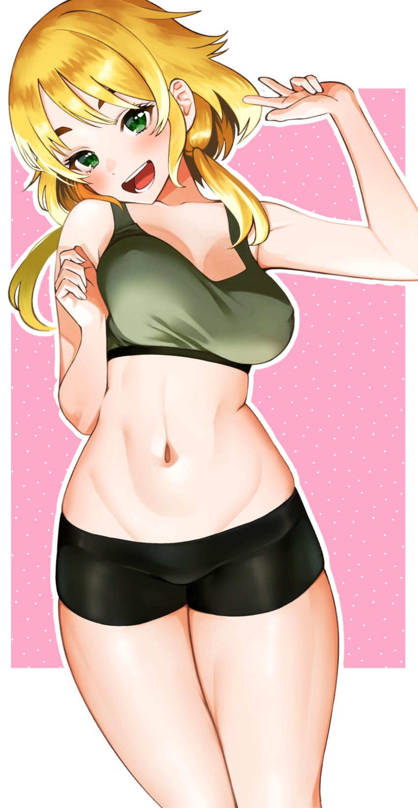 1girl :d absurdres bike_shorts blonde_hair blush breasts commission cowboy_shot dot_nose green_eyes hand_up head_tilt highres large_breasts looking_at_viewer low_twintails nagashii_kouhei original skeb_commission smile solo sports_bra standing twintails w