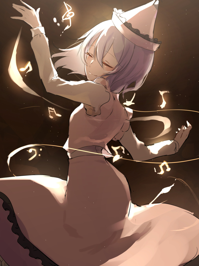 1girl bass_clef beamed_eighth_notes beamed_sixteenth_notes blush closed_eyes closed_mouth eighth_note frilled_skirt frills hair_between_eyes hat highres long_sleeves merlin_prismriver musical_note nano_popo02 one-hour_drawing_challenge short_hair skirt smile solo touhou treble_clef vest white_hair white_headwear white_skirt white_vest