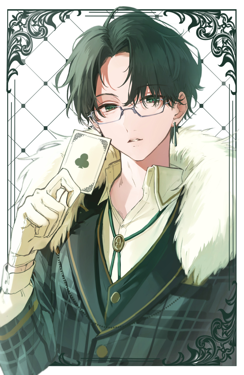 1boy absurdres ace_of_clubs bangs card club_(shape) collared_shirt commentary earrings framed fur-trimmed_jacket fur_trim glasses gloves green_hair green_jacket green_ribbon grey-framed_eyewear hair_over_one_eye hand_up highres holding holding_card jacket jewelry looking_at_viewer male_focus neck_ribbon open_mouth original parted_bangs plaid plaid_jacket playing_card rectangular_eyewear ribbon shirt smile solo undershirt upper_body white_gloves white_shirt white_xxxx
