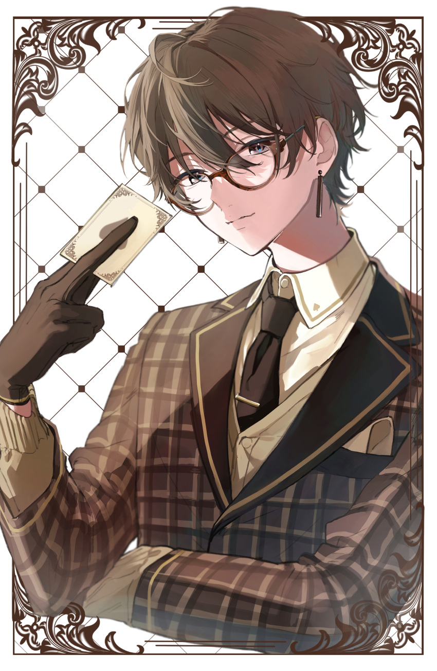 1boy absurdres ace_of_spades bangs brown-framed_eyewear brown_eyes brown_gloves brown_hair brown_jacket brown_necktie card closed_mouth collared_shirt commentary earrings framed glasses gloves hair_between_eyes hand_on_own_elbow handkerchief highres holding holding_card jacket jewelry long_sleeves looking_at_viewer male_focus necktie original plaid plaid_jacket playing_card shirt short_hair smile solo spade_(shape) undershirt upper_body white_shirt white_xxxx