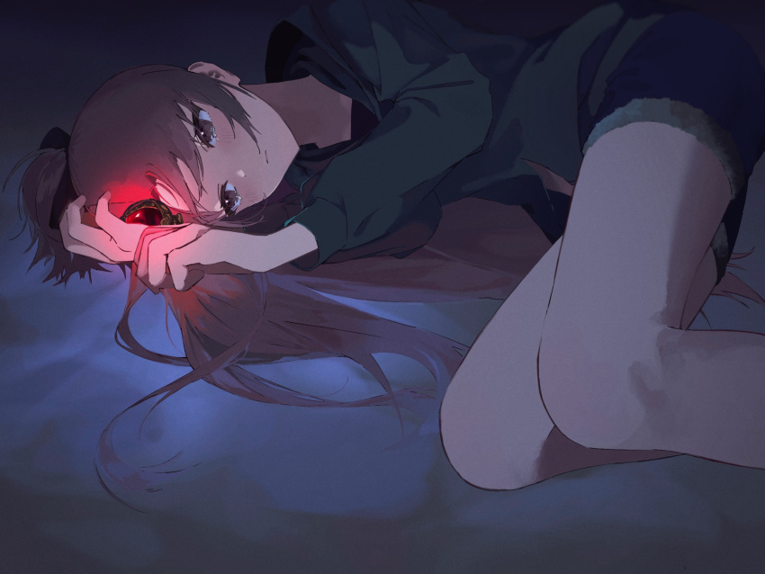 1girl artist_request black_ribbon crying crying_with_eyes_open fur-trimmed_shorts fur_trim highres holding hood hoodie legs long_hair lying mahou_shoujo_madoka_magica night on_bed on_side ponytail red_eyes red_hair ribbon sad sakura_kyouko shorts solo soul_gem tears