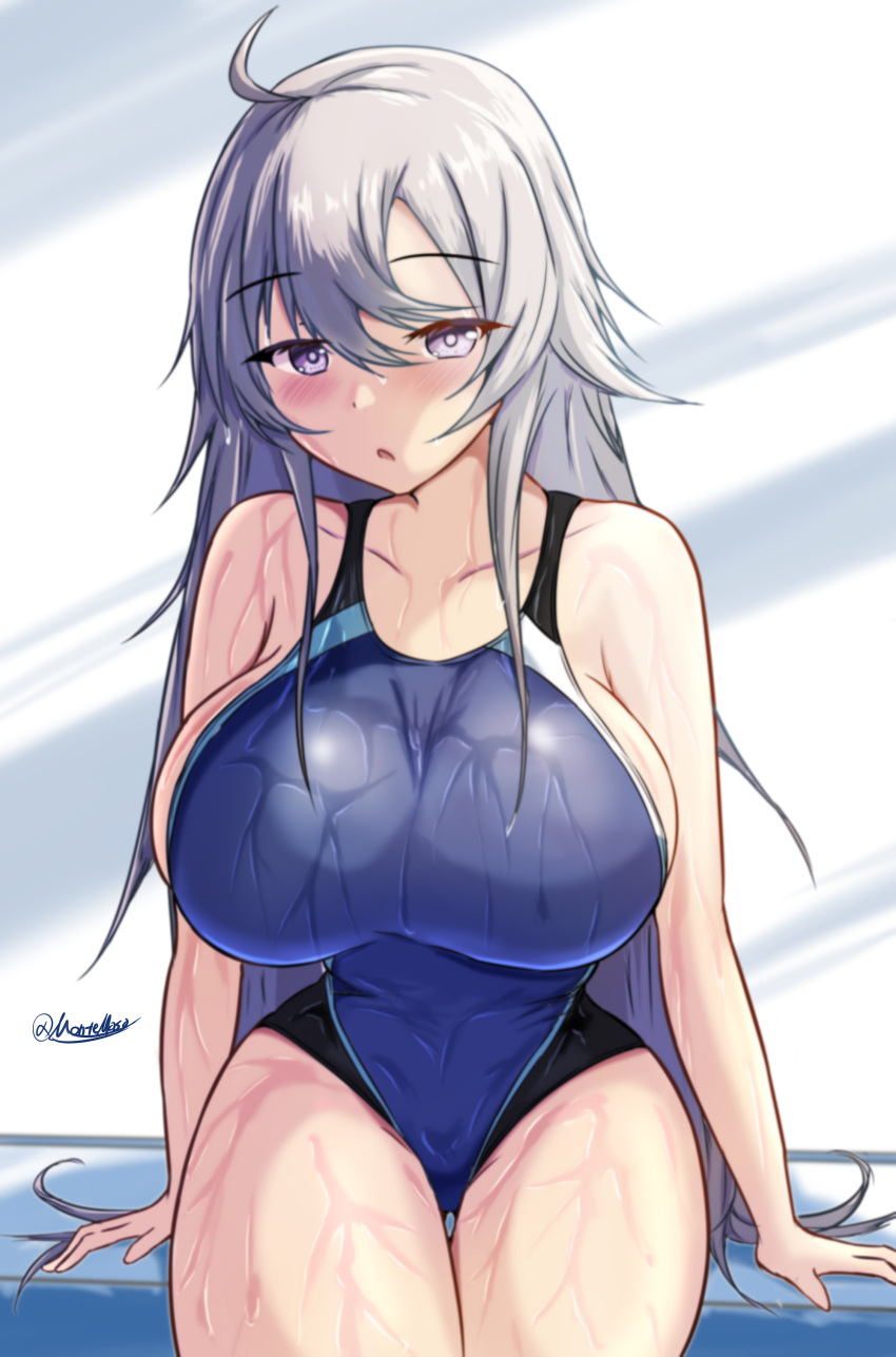 :o absurdres ahoge blue_one-piece_swimsuit collarbone competition_swimsuit dated grey_background grey_eyes grey_hair hair_between_eyes highleg highleg_swimsuit highres impossible_clothes impossible_swimsuit kantai_collection long_hair looking_at_viewer montemasa one-piece_swimsuit sitting swimsuit twitter_username two-tone_swimsuit washington_(kancolle) wet wet_clothes wet_swimsuit