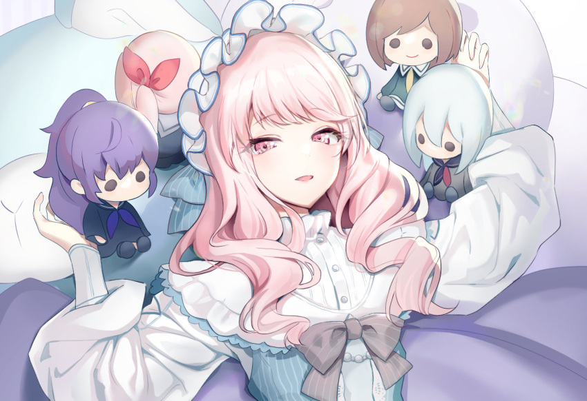 25-ji_night_code_de._(project_sekai) akiyama_mizuki arm_up bangs blue_dress bow brown_bow brown_hair character_doll character_request commentary_request dress grey_hair hand_up long_hair long_sleeves looking_at_viewer lying on_back open_mouth pillow pink_eyes pink_hair project_sekai puffy_long_sleeves puffy_sleeves purple_hair shirt sleeves_past_wrists smile striped striped_bow striped_dress upper_body vertical-striped_dress vertical_stripes white_shirt youta