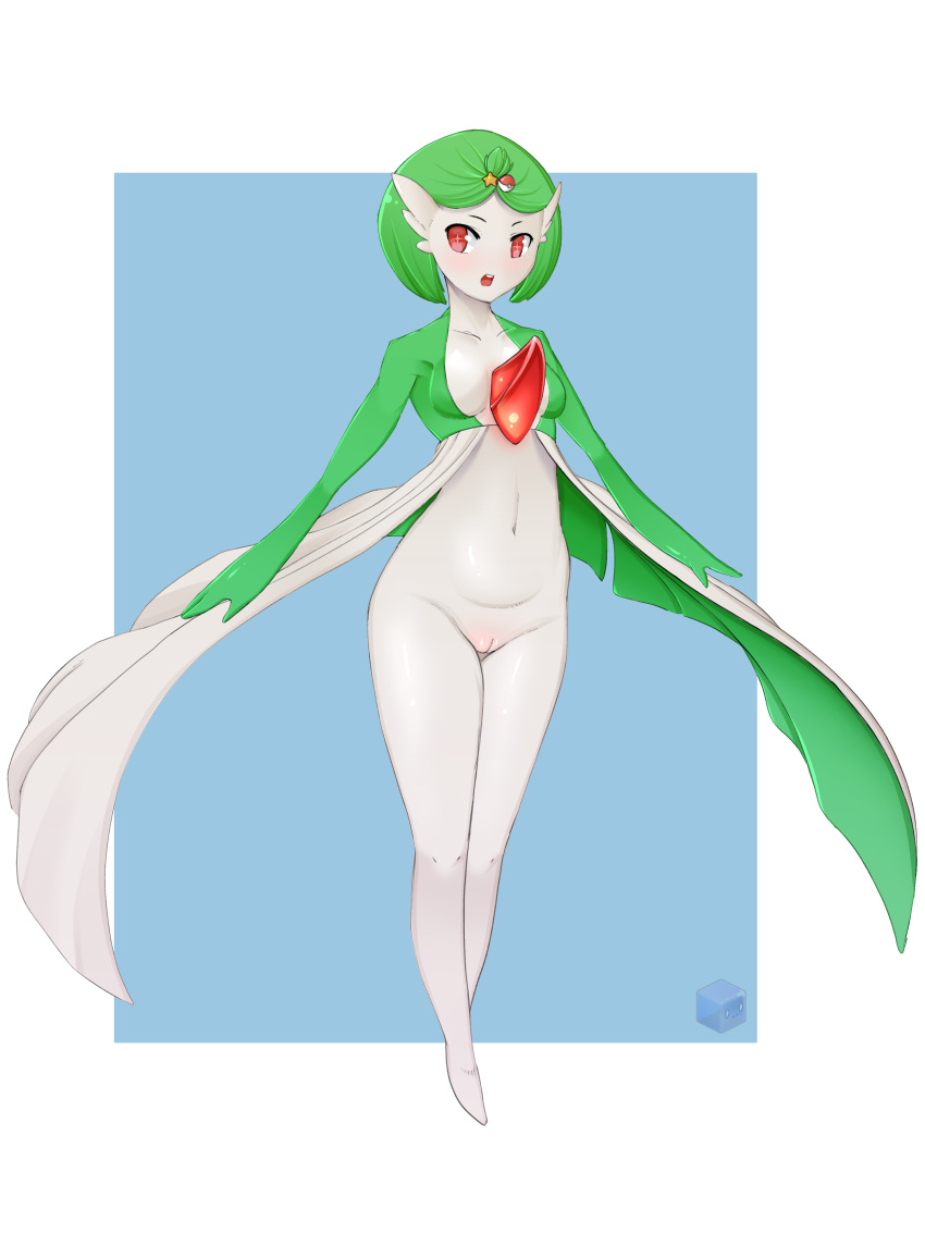 +_+ 1girl absurdres alternate_hairstyle bangs blue_background blush border breasts collarbone colored_skin commentary dress english_commentary full_body gardevoir green_hair green_skin groin highres hitmanatee legs legs_together looking_to_the_side multicolored_skin navel no_panties open_clothes open_dress open_mouth outside_border parted_bangs poke_ball_hair_ornament pokemon pokemon_(creature) pussy red_eyes shiny_skin short_hair simple_background small_breasts solo standing star_(symbol) stomach teeth thighs topknot two-tone_skin uncensored watermark white_border white_dress white_skin