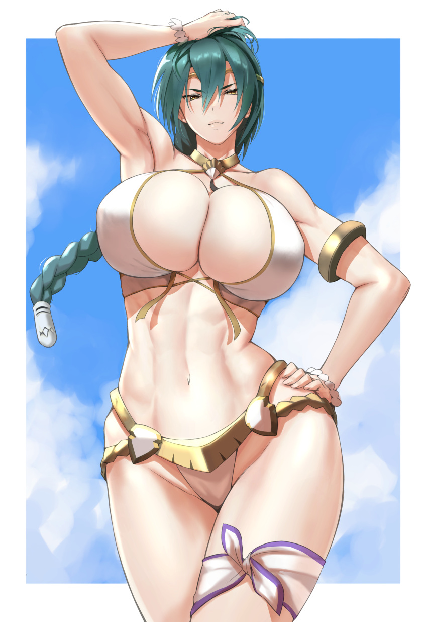 1girl abs absurdres anagumasan arm_up armpits bangs bare_shoulders bikini blue_sky bracelet braid breasts circlet cleavage closed_mouth cloud cloudy_sky collarbone curvy day fingernails fire_emblem fire_emblem_heroes gold_trim green_hair hair_ornament halterneck hand_on_hip highleg highleg_bikini highres huge_breasts jewelry lips long_hair looking_at_viewer navel official_alternate_costume outdoors simple_background single_braid sky solo stomach swimsuit thigh_strap thighs thorr_(fire_emblem) white_bikini yellow_eyes