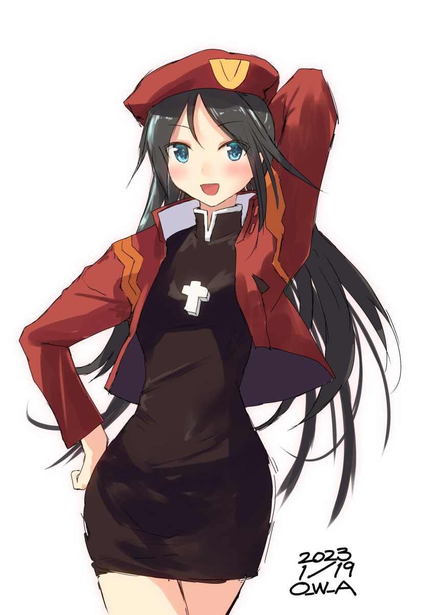 artist_name beret black_dress black_hair blue_eyes cosplay cross cross_necklace dated dress hat highres jacket jewelry kantai_collection katsuragi_(kancolle) katsuragi_misato katsuragi_misato_(cosplay) long_hair long_sleeves name_connection necklace neon_genesis_evangelion open_mouth owa_(ishtail) red_jacket smile