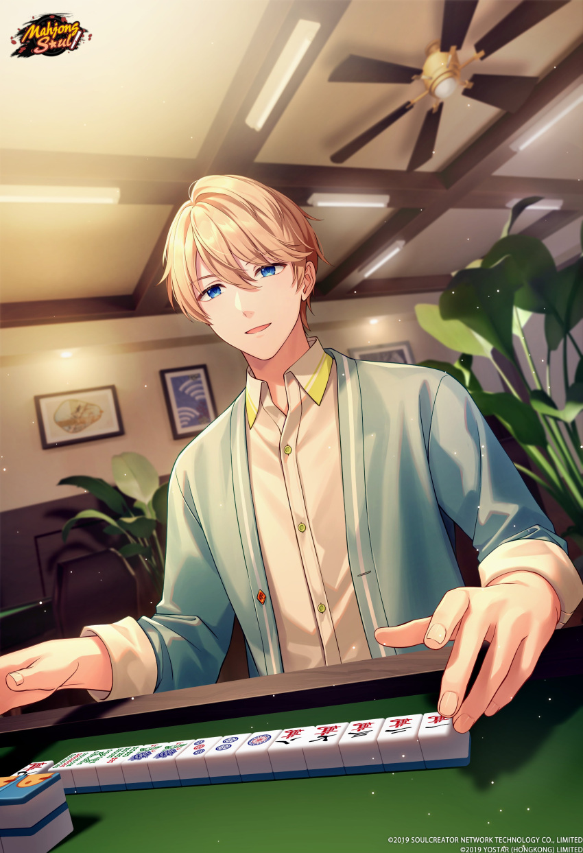 1boy absurdres akechi_hideki blonde_hair blue_eyes bshi_edayo ceiling_fan collared_shirt commentary english_commentary highres indoors logo mahjong mahjong_soul mahjong_table mahjong_tile male_focus mouth_hold official_art official_wallpaper picture_frame plant shirt short_hair sitting solo table third-party_source white_shirt