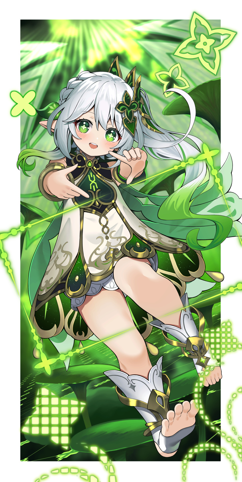 1girl absurdres bangs blush cape commentary_request cross-shaped_pupils dress finger_frame full_body genshin_impact gold_trim gradient_hair green_cape green_dress green_eyes green_hair hair_between_eyes highres long_hair looking_at_viewer multicolored_hair nahida_(genshin_impact) open_mouth pointy_ears side_ponytail smile solo stirrup_footwear symbol-shaped_pupils teeth two-tone_dress upper_teeth_only white_dress white_footwear white_hair yuujin_(yuzinn333)