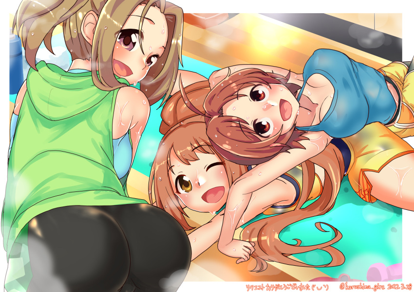 3girls absurdres bangs blonde_hair breasts brown_hair check_commentary cleavage collarbone commentary_request dripping exercise floor from_above highres idolmaster idolmaster_cinderella_girls indoors kurushima_gire large_breasts looking_at_viewer looking_back manabe_itsuki mat multiple_girls on_floor one_eye_closed open_mouth parted_bangs pink_eyes ponytail red_eyes saito_yoko shorts sleeveless smile stain steam stretching sweat sweaty_clothes tank_top wakabayashi_tomoka wet wet_hair yellow_eyes yoga_mat