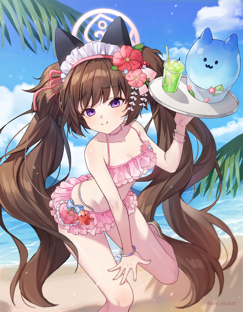 1girl absurdres bare_legs beach bikini blue_archive blue_sky brown_hair closed_mouth cloud eve_rochet flower foot_out_of_frame frilled_bikini frills hair_flower hair_ornament halo highleg highleg_bikini highres holding holding_plate long_hair looking_at_viewer ocean outdoors pink_bikini plate purple_eyes shizuko_(blue_archive) shizuko_(swimsuit)_(blue_archive) sky smile solo summer swimsuit twintails white_headdress