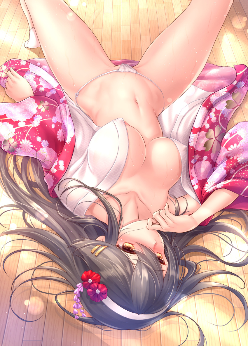 1girl absurdres alternate_costume black_hair breasts covered_nipples flower from_above fundoshi hair_flower hair_ornament hairband hairclip haruna_(kancolle) highres japanese_clothes kantai_collection kimono large_breasts long_hair looking_at_viewer lying on_back open_clothes open_kimono pink_kimono ryu-akt socks solo white_hairband white_socks